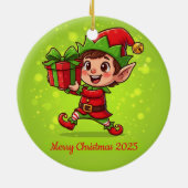 Tiny Christmas Elf with Gift Personalized 2025 Keramik Ornament (Hinten)