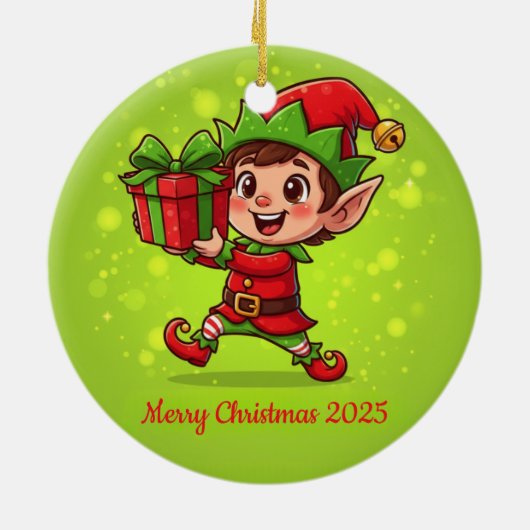Tiny Christmas Elf with Gift Personalized 2025 Keramik Ornament (Hinten)