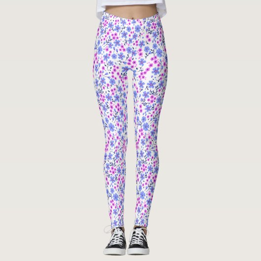 Tiny cute white blue pink floral pattern leggings (Vorderseite)