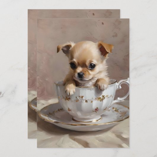 Tiny Delight: Chihuahua-Welpe in einem Teacup, Einladung (Vorne/Hinten)