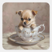 Tiny Delight: Chihuahua-Welpe in einem Teacup, Quadratischer Aufkleber (Vorderseite)
