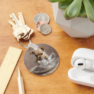 Tiny Delight: Chihuahua-Welpe in einem Teacup, Schlüsselanhänger