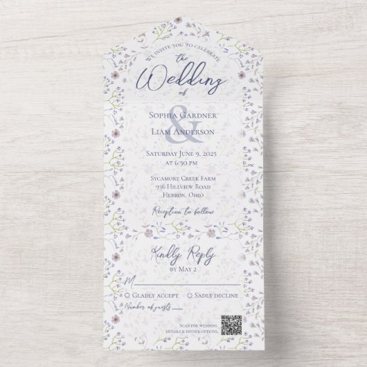 Tiny Dusty Blue Floral mit QR Code All In One Einladung (Innen Boden)