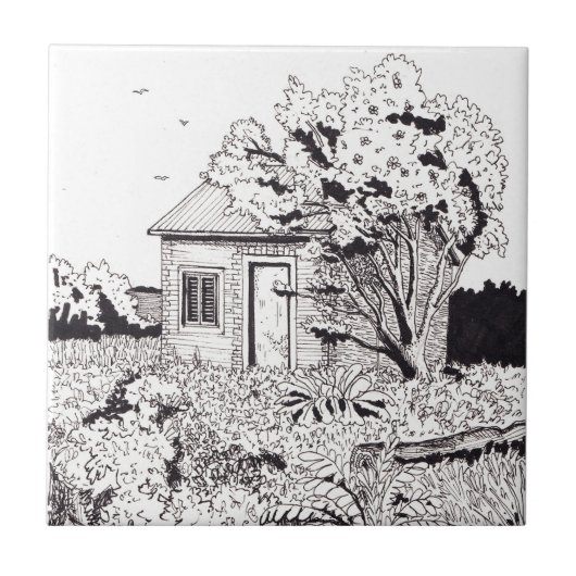 Tiny Farmhouse Botanischer Garten Pen Tinte Gezeic Fliese (Vorderseite)