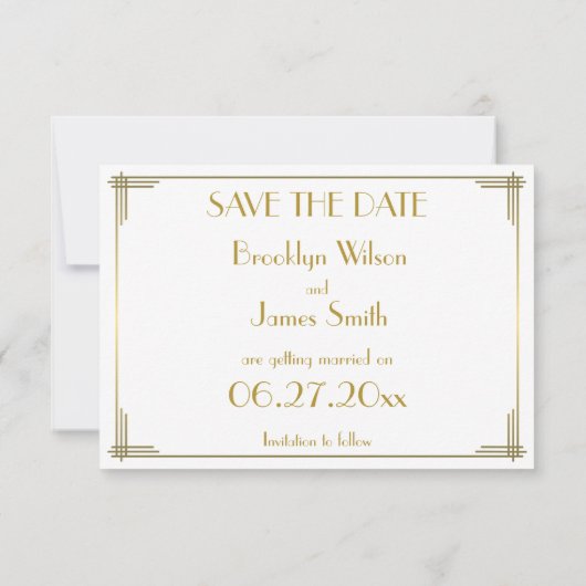 Tiny Gatsby Gold Art Deco Save the Date Karte (Rückseite)