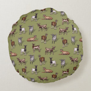 Tiny Goats on Green - Goat Herd Pattern Rundes Kissen