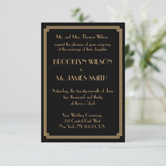 Tiny Great Gatsby Art Deco Black Wedding lädt ein Einladung (Stehend Vorderseite)