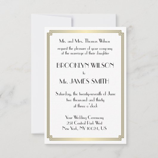 Tiny Great Gatsby Art Deco Gold Wedding Einladunge Einladung (Vorderseite)