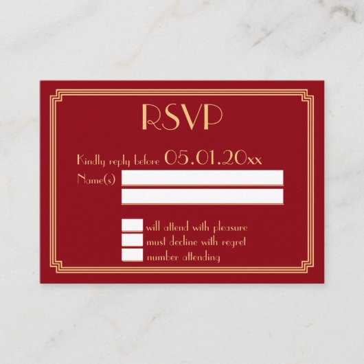 Tiny Great Gatsby Art Deco Red Wedding RSVP Begleitkarte (Vorderseite)