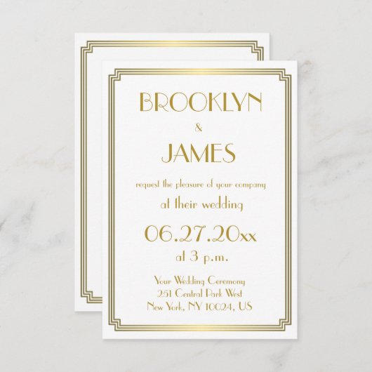 Tiny Great Gatsby Art Deco White Wedding lädt ein Einladung (Vorne/Hinten)