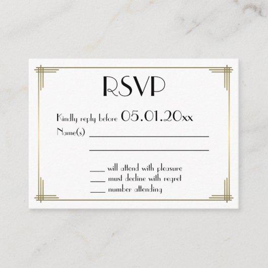 Tiny Great Gatsby White Art Deco Wedding RSVP Begleitkarte (Vorderseite)