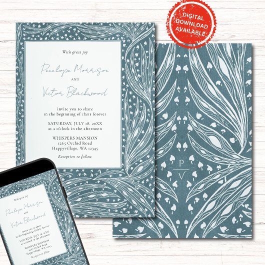 Tiny Heart Leaves Frame on Teal Wedding Invitation Einladung