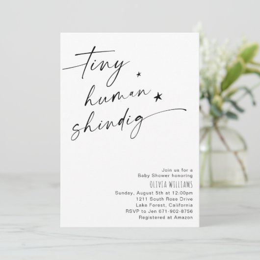 Tiny Human Shindig Minimalistisch Baby Dusche Einladung (Stehend Vorderseite)