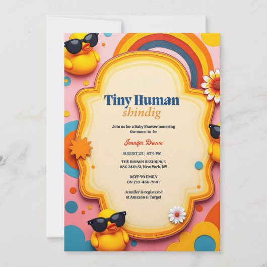 Tiny Human Shindig Retro Rubber Duck Baby Duck Einladung (Vorderseite)