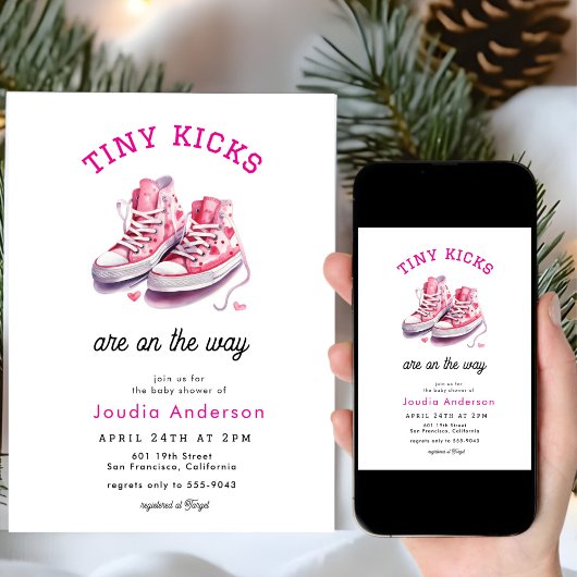 Tiny Kicks Sneakers Sports Pink Baby Shower  Einladung