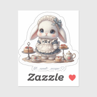 Tiny Maid Bunny - Antique Cafe Style Kawaii Art Aufkleber