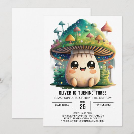 Tiny Mushroom Grove Geburtstag Einladung (Vorne/Hinten)