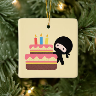 Tiny Ninja Behind Birthday Cake on Yellow Keramikornament