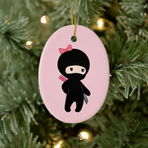 Tiny Ninja Girl on Pink Keramik Ornament
