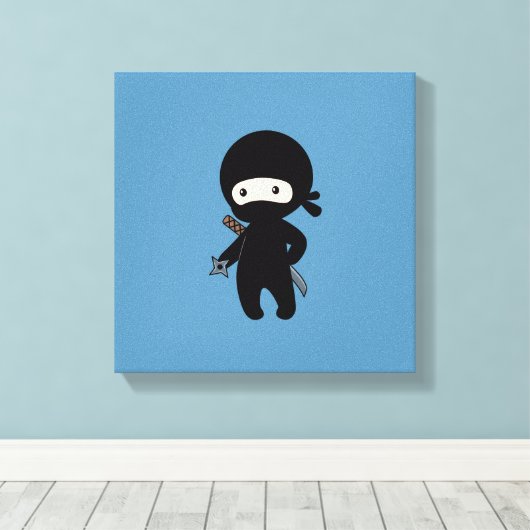 Tiny Ninja Holding Throwing Star auf Blue Leinwanddruck (Insitu (Holzboden))