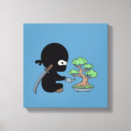 Tiny Ninja Watering Bonsai Tree on Blue Leinwanddruck (Vorderseite)