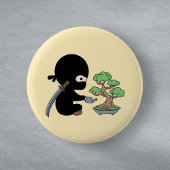 Tiny Ninja Watering Bonsai Tree on Yellow Button