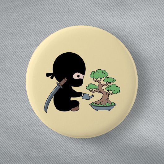 Tiny Ninja Watering Bonsai Tree on Yellow Button