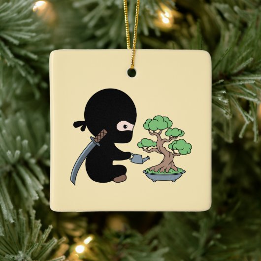 Tiny Ninja Watering Bonsai Tree on Yellow Keramikornament (Baum)
