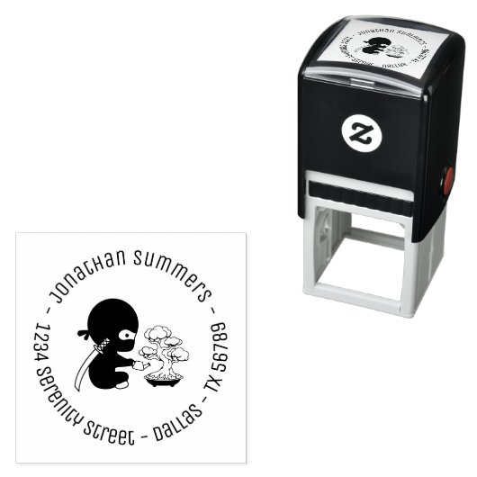 Tiny Ninja Watering Bonsai Tree Round Address 2 Permastempel (Beispiel)