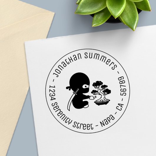 Tiny Ninja Watering Bonsai Tree Round Address Permastempel