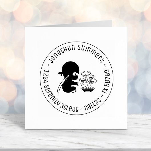 Tiny Ninja Watering Bonsai Tree Round Address Permastempel