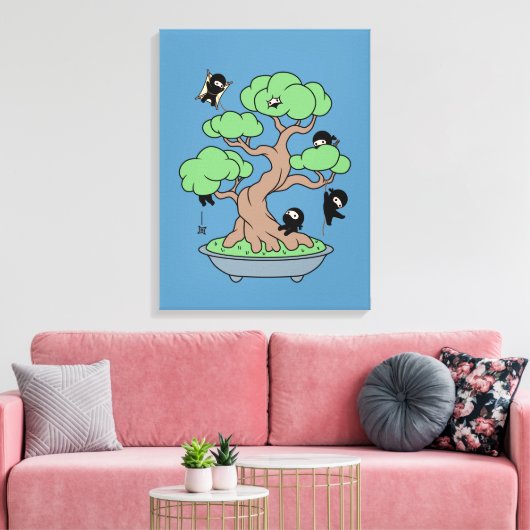 Tiny Ninjas in Bonsai Tree on Blue Leinwanddruck (Insitu (Wohnzimmer))