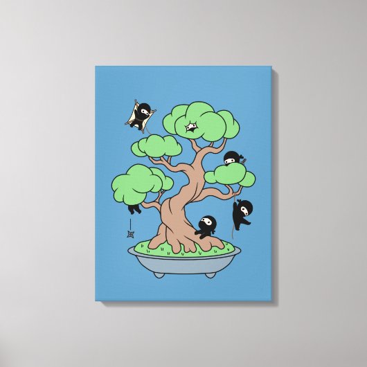 Tiny Ninjas in Bonsai Tree on Blue Leinwanddruck (Vorderseite)