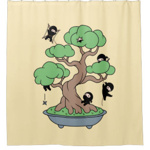 Tiny Ninjas in Bonsai Tree on Yellow Duschvorhang