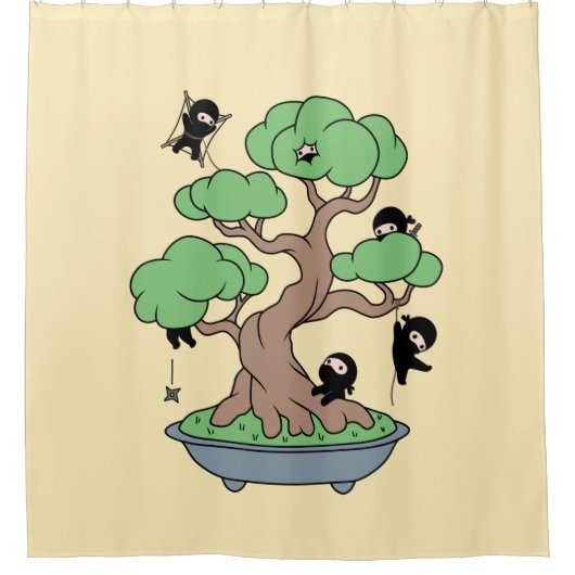 Tiny Ninjas in Bonsai Tree on Yellow Duschvorhang (Vorderseite)