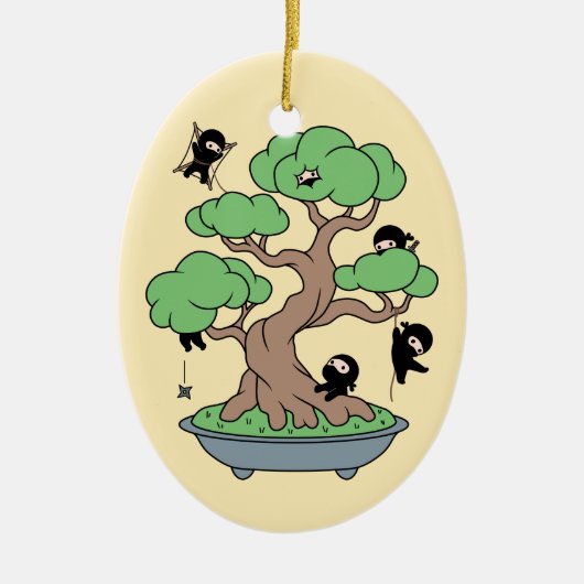 Tiny Ninjas in Bonsai Tree on Yellow Keramik Ornament (Vorne)