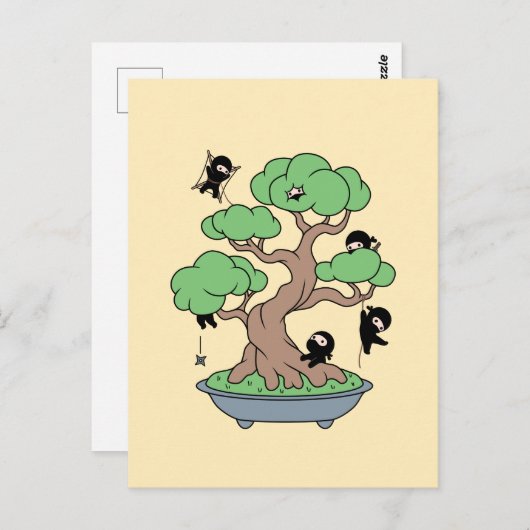 Tiny Ninjas in Bonsai Tree on Yellow Postkarte (Vorne/Hinten)