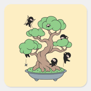 Tiny Ninjas in Bonsai Tree on Yellow Quadratischer Aufkleber