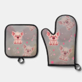  Tiny Pink Piggy Oven Mitt and Pot Holders Ofenhandschuh & Topflappen-Set (Vorderseite)