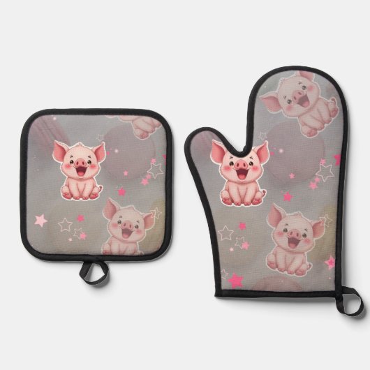  Tiny Pink Piggy Oven Mitt and Pot Holders Ofenhandschuh & Topflappen-Set (Vorderseite)