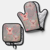  Tiny Pink Piggy Oven Mitt and Pot Holders Ofenhandschuh & Topflappen-Set (Vorderseite/Rückseite)