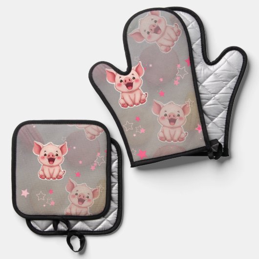  Tiny Pink Piggy Oven Mitt and Pot Holders Ofenhandschuh & Topflappen-Set (Vorderseite/Rückseite)