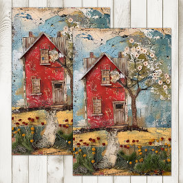 TINY RED COUNTRY HOUSE MIXED MEDIA DECOUPAGE SEIDENPAPIER