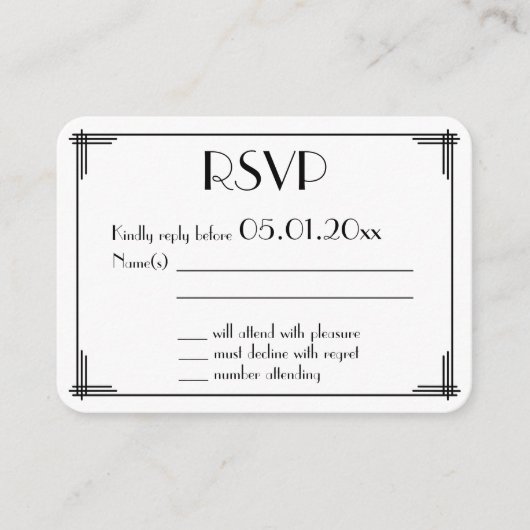 Tiny Round Great Gatsby Art Deco Wedding RSVP Begleitkarte (Vorderseite)