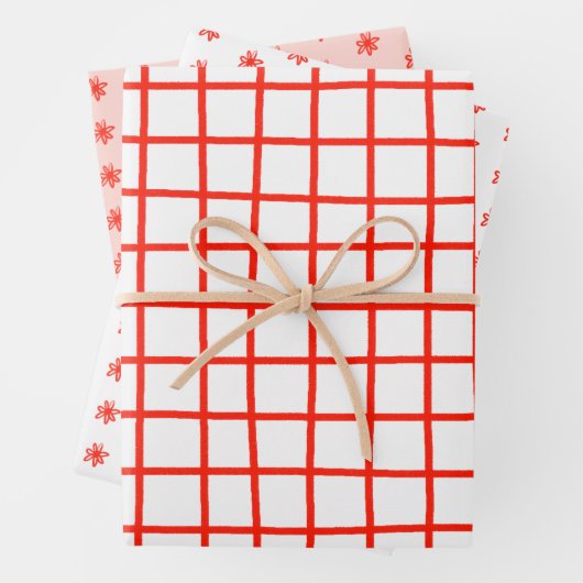 Tiny Scribbled Daisies Grid Whimsical Red Pink Set Geschenkpapier Set (Beispiel)