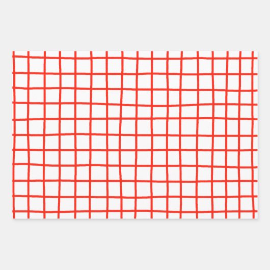 Tiny Scribbled Daisies Grid Whimsical Red Pink Set Geschenkpapier Set (Vorderseite)