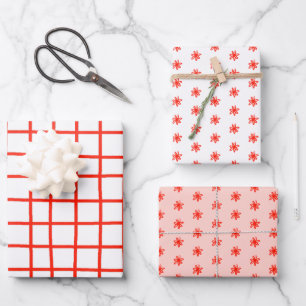 Tiny Scribbled Daisies Grid Whimsical Red Pink Set Geschenkpapier Set