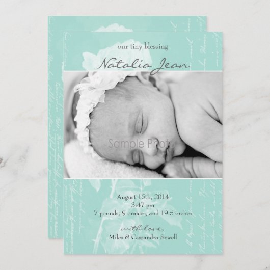 Tiny Sessing Birth Announction//Light Emerald Ankündigung (Vorne/Hinten)