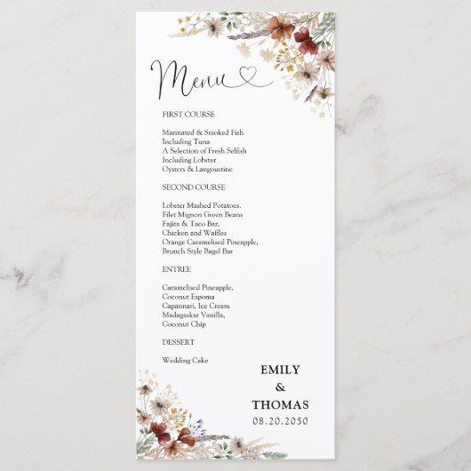 Tiny Wildblume Wedding Menu Menükarte (Vorderseite)