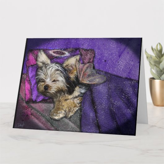 Tiny Yorkie Sleeping Angel Halo Memorial Art Karte (Kleine Pflanze)